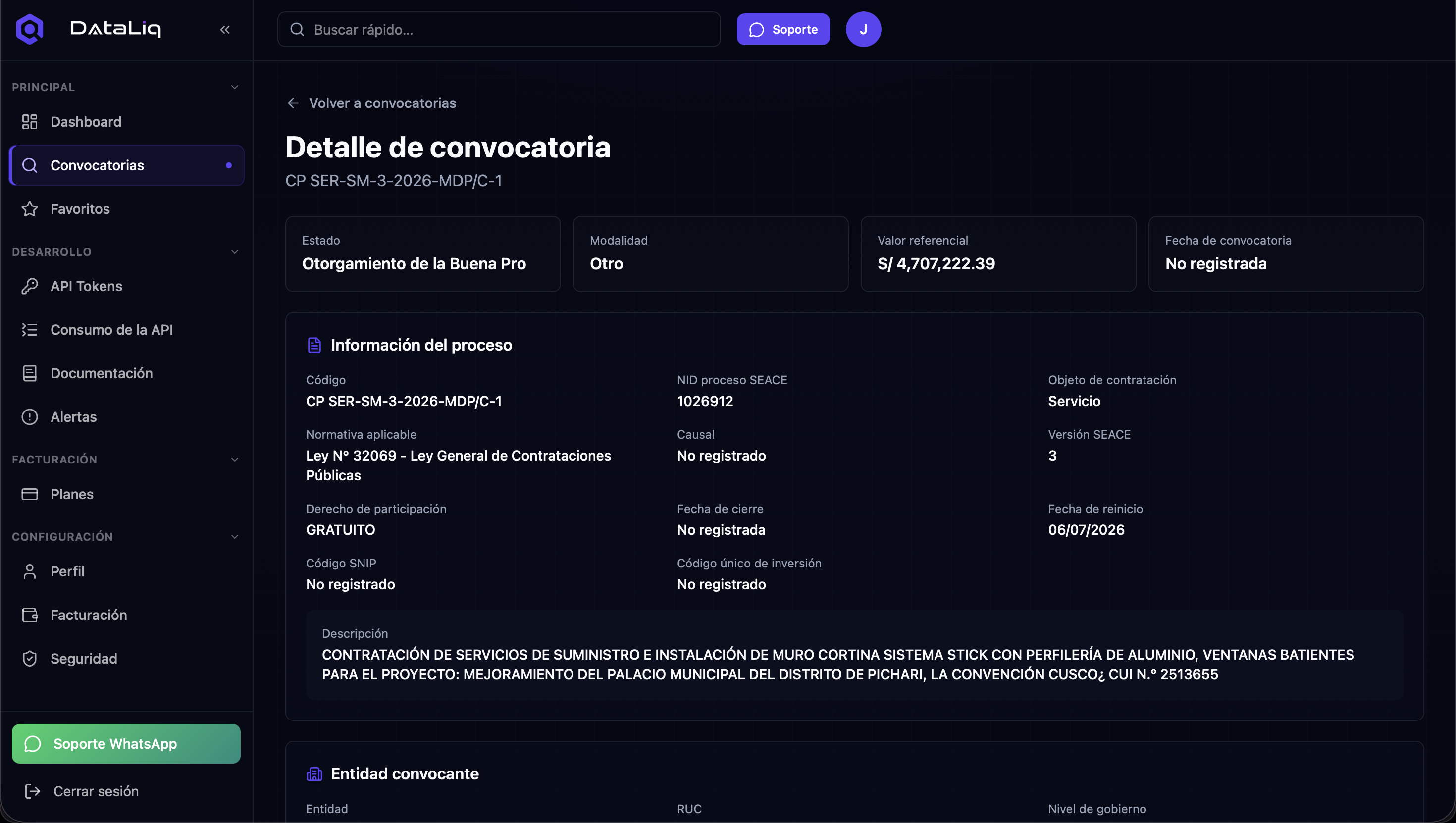 Vista de Convocatoria Detalle en DataLiq