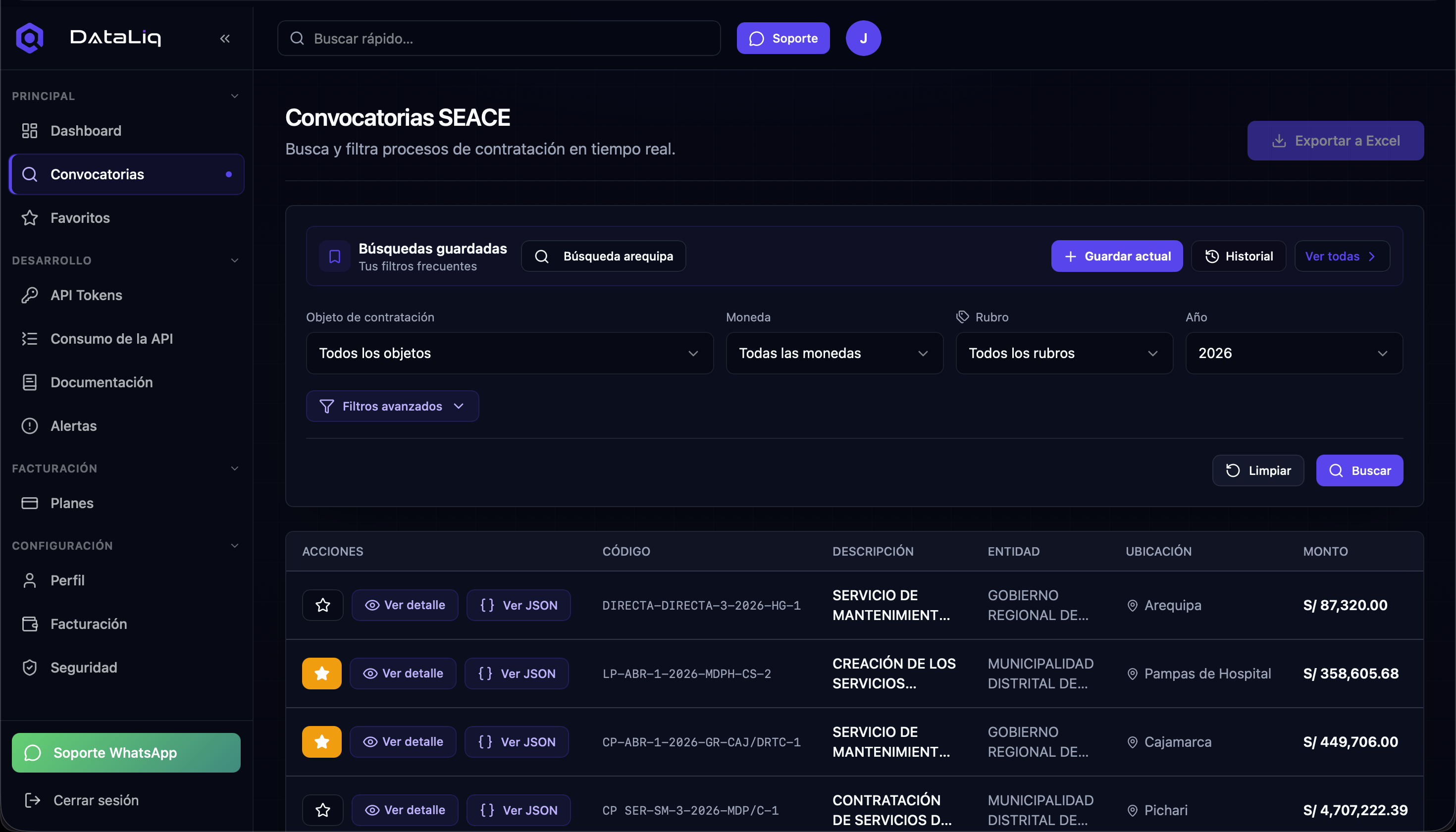 Vista de Convocatorias en DataLiq